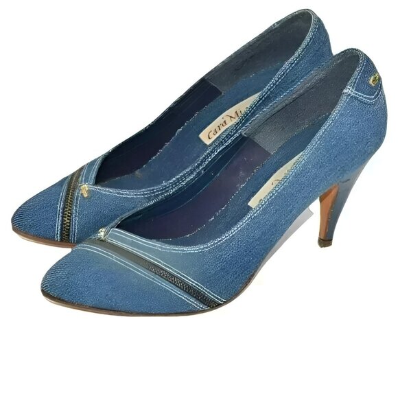CM Vintage 80s Designer Leather Denim Twill Blue Jeans Cone Heels Pumps 8.5 - Picture 1 of 7